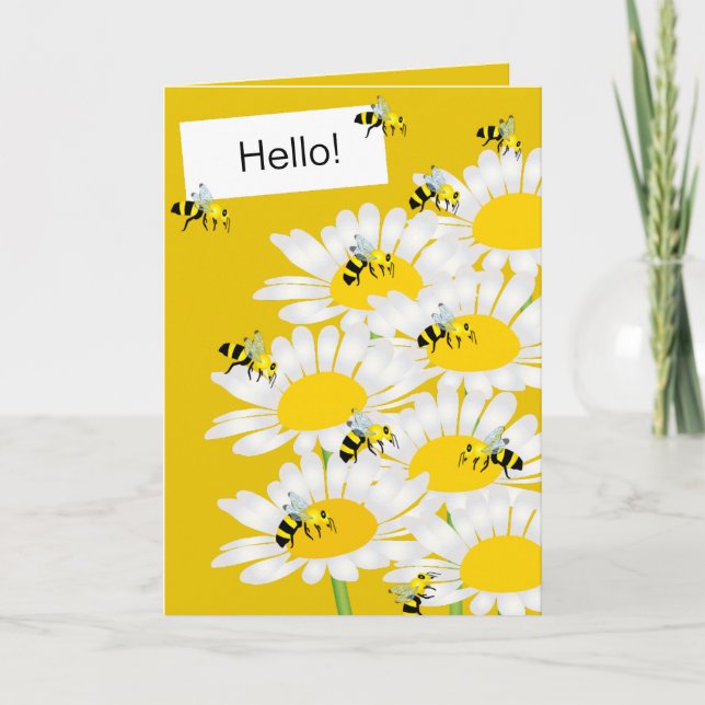 Bee on Flower Greeting Card - Yellow Background (Front)