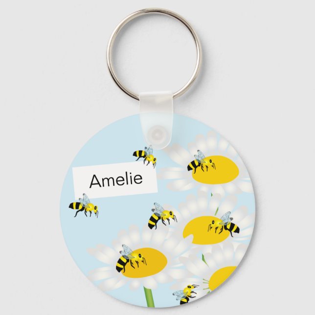Bee on Flower Keychain - Blue Background (Front)