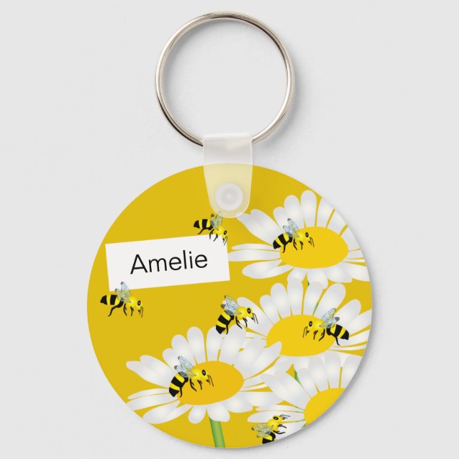 Bee on Flower Keychain - Yellow Background (Front)