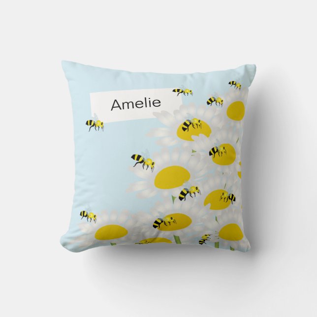 Bee on Flower Pillow - Blue Background (Front)