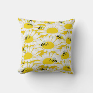 Bee on Flower Pillow - Yellow Background
