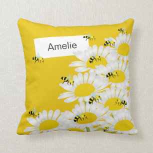 Bee on Flower Pillow - Yellow Background