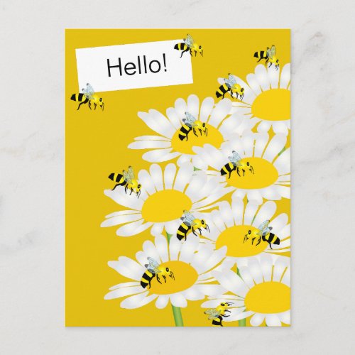 Bee on Flower Postcard _ Yellow Backgrond