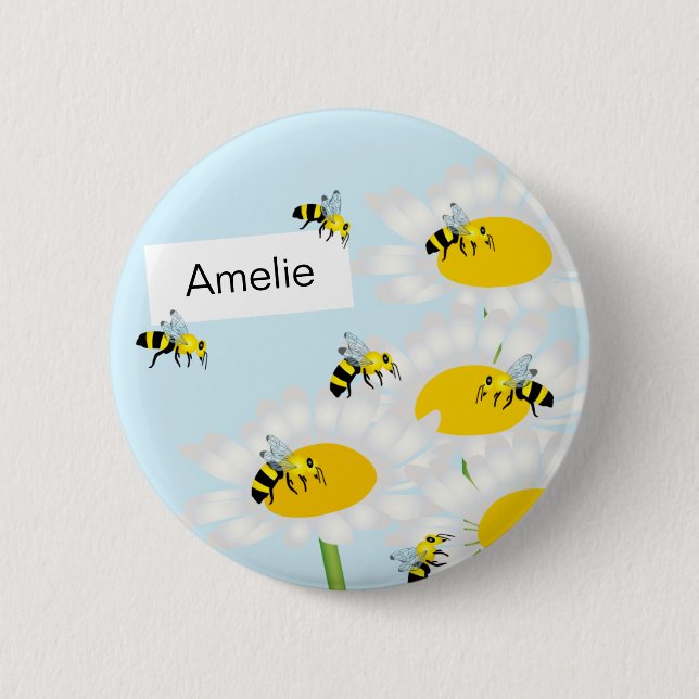 Bee on Flower Round Button - Blue Background (Front)