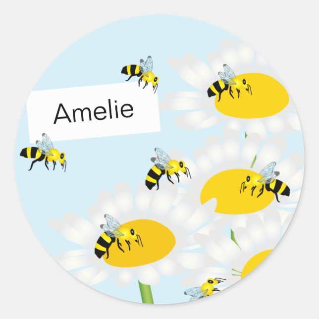 Bee on Flower Round Sticker - Blue Background (Front)