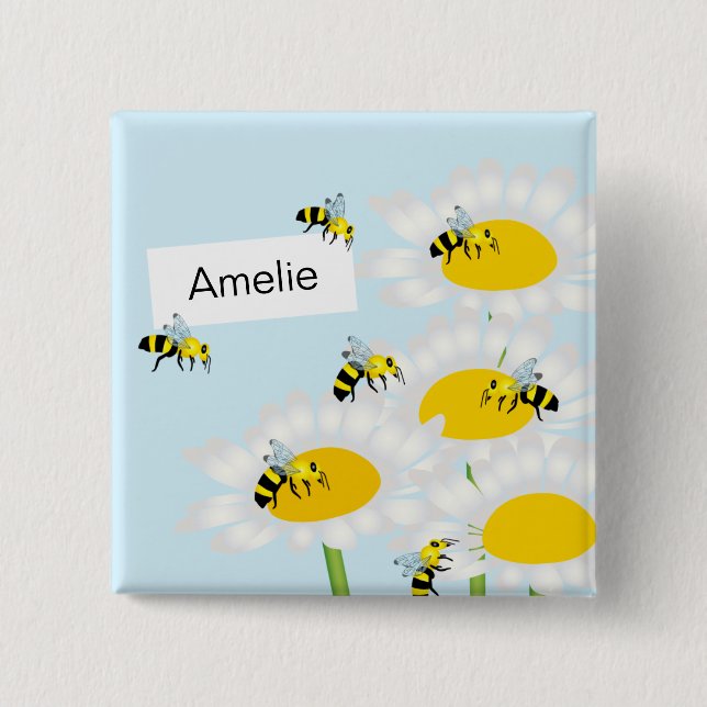 Bee on Flower Square Button - Blue Background (Front)
