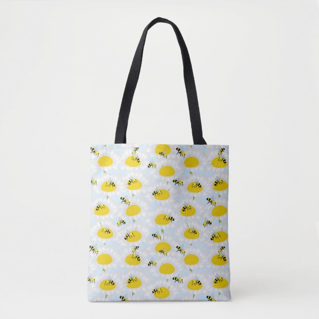 Bee on Flower Tote Bag - Blue Background (Front)