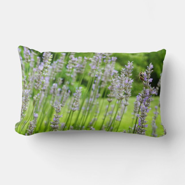 Bee on Lavender Summer Floral Lumbar Pillow (Front)