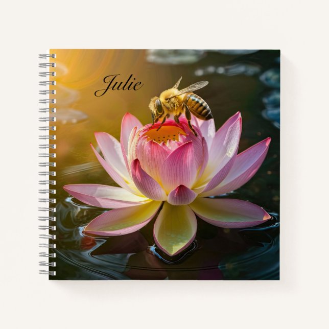 Bee on Lotus Flower Personalized Notebook (Front)