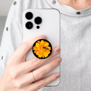 Bee on Orange Flower Black Background PopSocket