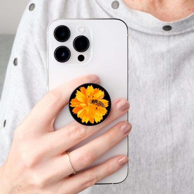 Bee on Orange Flower Black Background PopSocket (Hand)