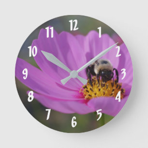 Bee On Pink Cosmos Flower Up Close Round Clock