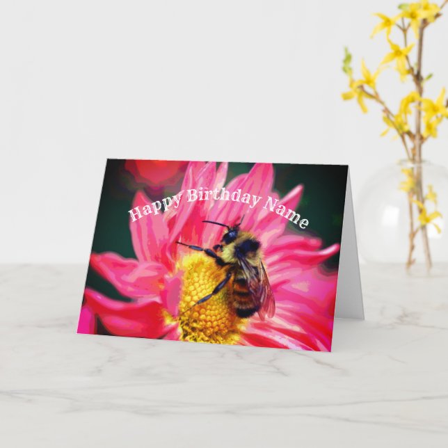 Bee On Pink Daisy Flower Art Birthday  Card (Yellow Flower)
