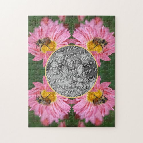 Bee On Pink Daisy Flower Frame Add Your Photo Jigsaw Puzzle