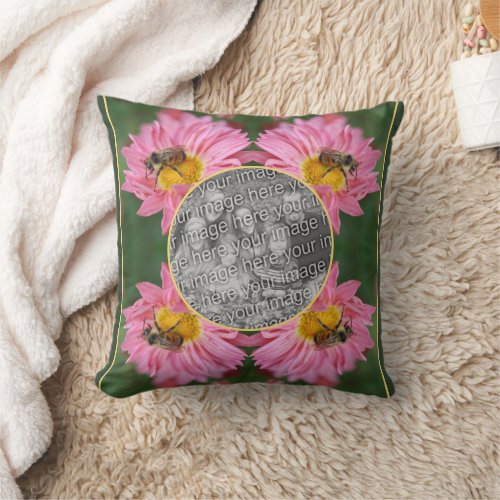 Bee On Pink Daisy Flower Frame Add Your Photo Throw Pillow