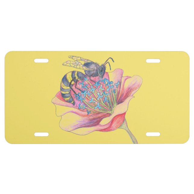 bee on pink flower licence license plate (Front)