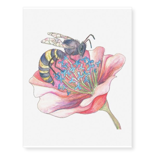 bee on pink flower temporary tattoo (Front)