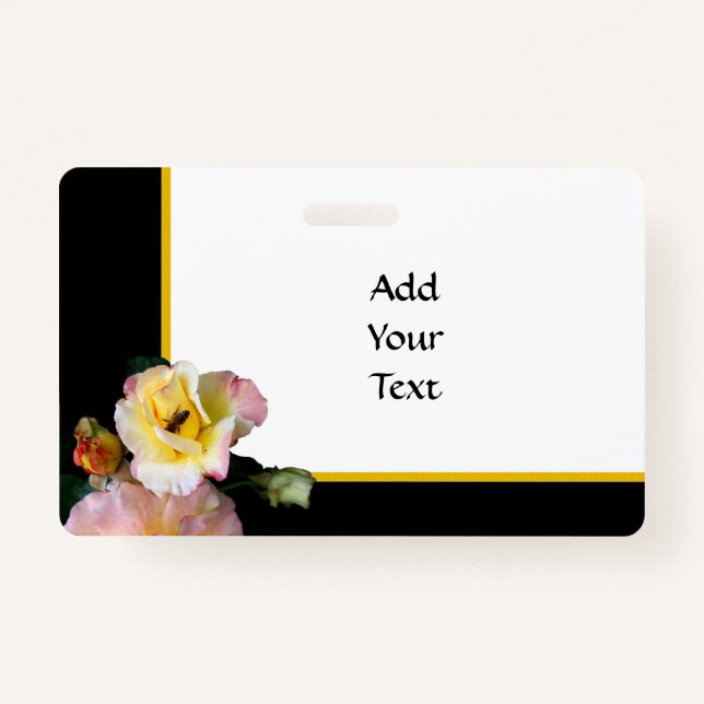 Bee on Pink Yellow Roses Flowers Badge (Front)
