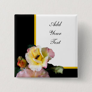 Bee on Pink Yellow Roses Flowers Button