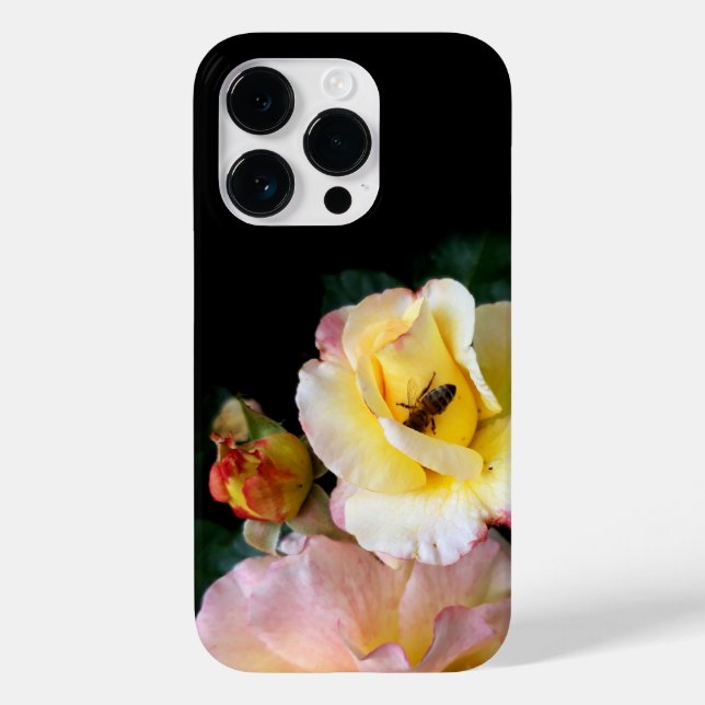 Bee on Pink Yellow Roses Flowers Case-Mate iPhone Case (Back)
