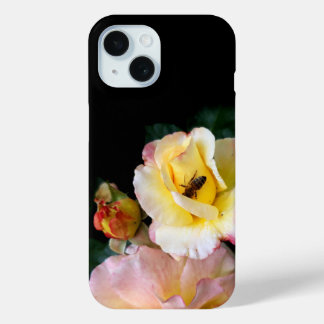  Bee on Pink Yellow Roses Flowers iPhone 15 Case