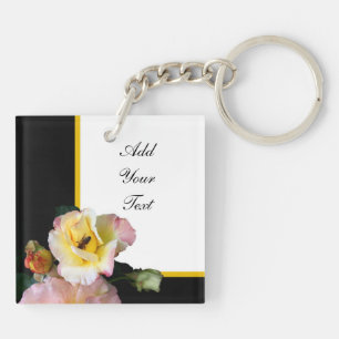 Bee on Pink Yellow Roses Flowers Keychain