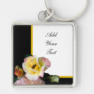 Bee on Pink Yellow Roses Flowers Keychain