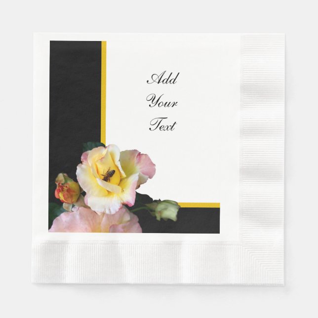 Bee on Pink Yellow Roses Flowers Napkins (Front)