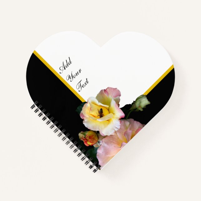 Bee on Pink Yellow Roses Flowers Notebook (Front)