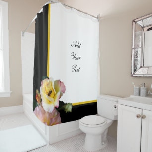 Bee on Pink Yellow Roses Flowers Shower Curtain