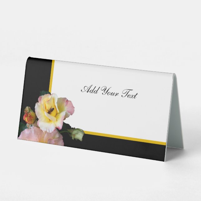 Bee on Pink Yellow Roses Flowers Table Tent (Front)
