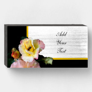 Bee on Pink Yellow Roses Flowers Wooden Box Sign