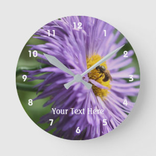 Bee On Purple Aster Daisy Flower Personalized Round Clock