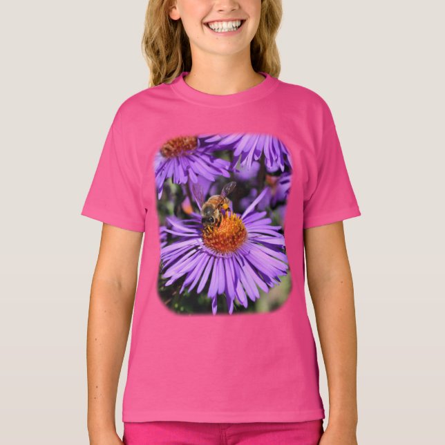 Bee On Purple Aster Flower Nature  T-Shirt (Front)