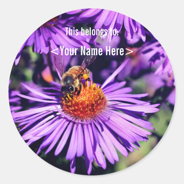 Bee On Purple Aster Flower Personalized ID  Classic Round Sticker (Front)