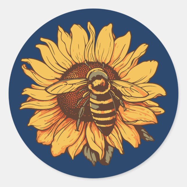 Bee on sunflower classic round sticker (Front)