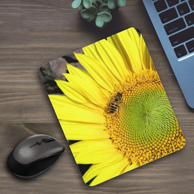 Bee On Sunflower Close Up Photograph Mouse Pad (Creator Uploaded)