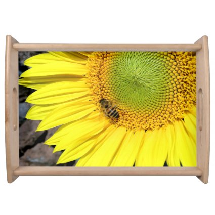 Bee On Sunflower Close Up Photograph Serving Tray