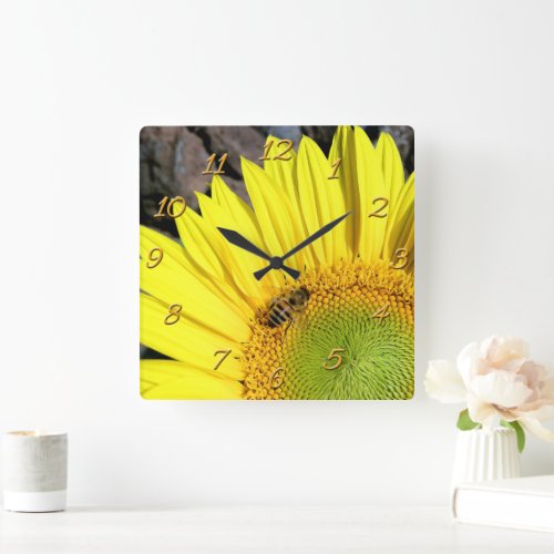 Bee On Sunflower Close Up Photograph Square Wall Clock