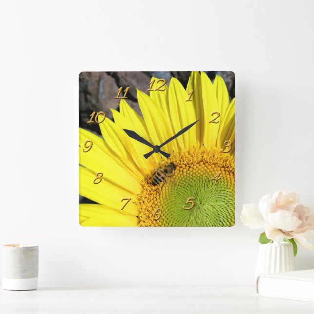 Bee On Sunflower Close Up Photograph Square Wall Clock (Home)
