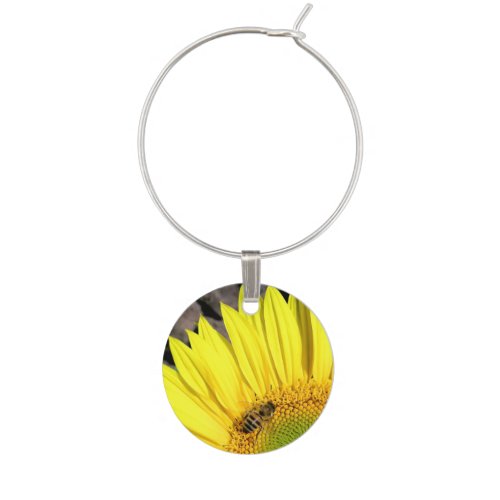 Bee On Sunflower Close Up Photograph Wine Glass Charm