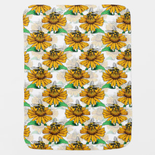 Bee on Sunflower Flower Pattern Design Baby Blanket