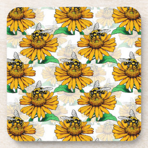 Bee on Sunflower Flower Pattern Design Beverage Coaster