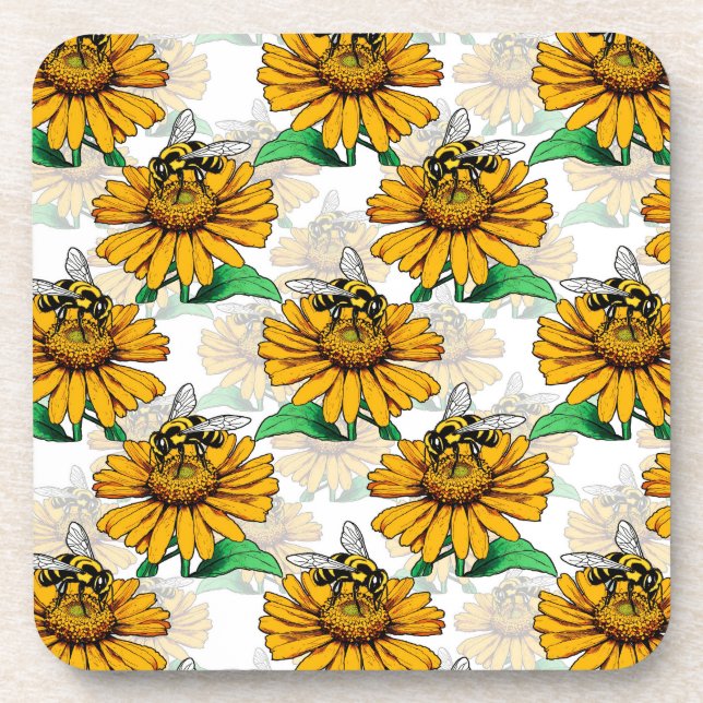 Bee on Sunflower Flower Pattern Design  Beverage Coaster (Front)