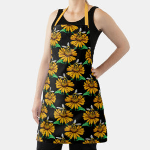 Bee on Sunflower Flower Pattern Design Black  Apron