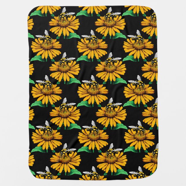 Bee on Sunflower Flower Pattern Design Black  Baby Blanket (Front)