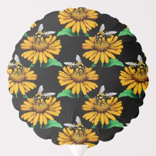 Bee on Sunflower Flower Pattern Design Black Balloon
