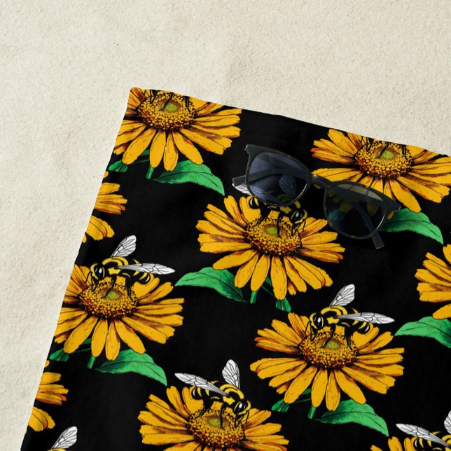 Bee on Sunflower Flower Pattern Design Black  Beach Towel (Creator Uploaded)