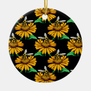 Bee on Sunflower Flower Pattern Design Black Ceramic Ornament