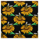 Bee on Sunflower Flower Pattern Design Black  Fabric